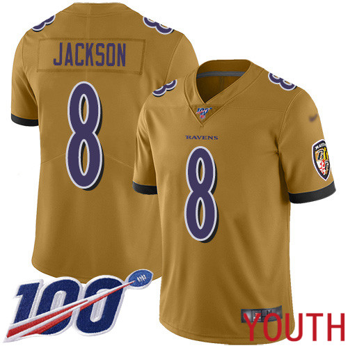 Baltimore Ravens Limited Gold Youth Lamar Jackson Jersey NFL Football 8 100th Season Inverted Legend